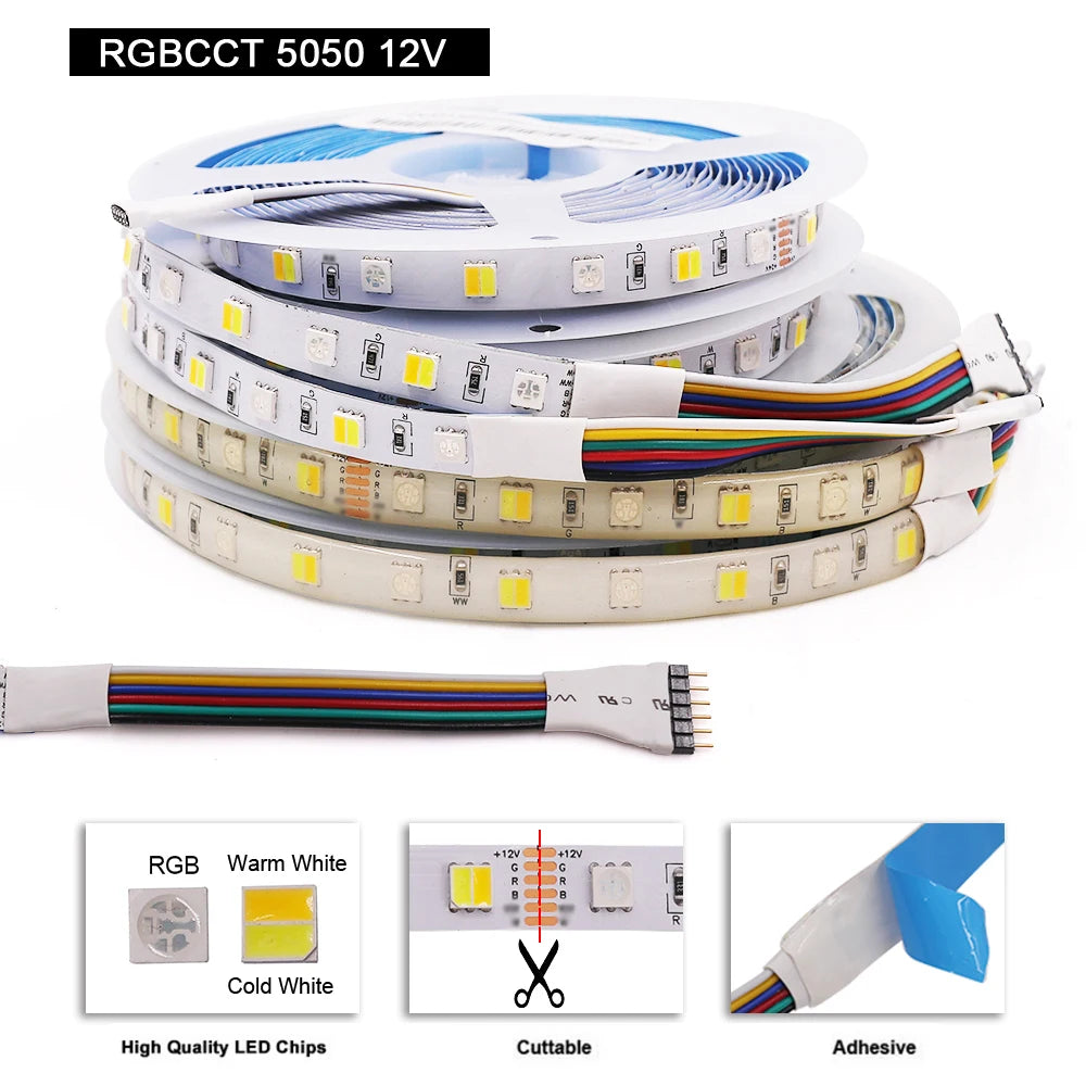 12V LED Strip 5050 RGB Warm White Light 5m Waterproof 60LED/m Flexible LED Tape Lights Decor Lighting