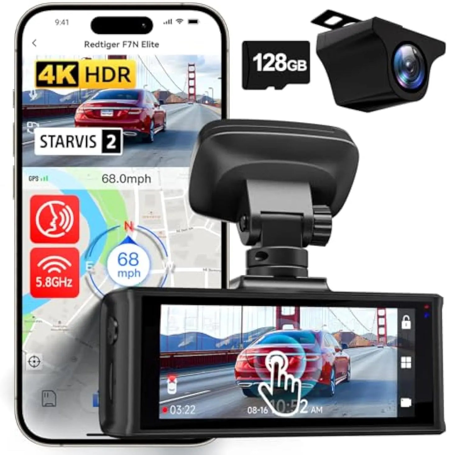 REDTIGER F7N ELITE 4K Dash Cam Front And Rear STARVIS 2 Sensor Built-in 5.8GHz WiFi GPS Car Camera WDR Dvr for 24H Parking Mode