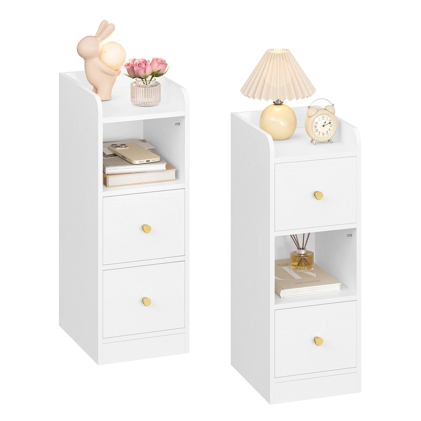 Slim Bedside Table, Narrow Side Table with 2 Drawers, Bedside Cabinet with Open Compartment, Adjustable Drawer Position