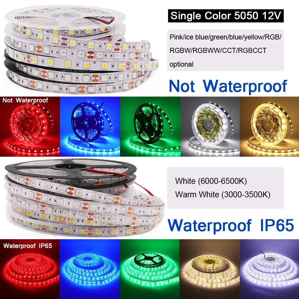 12V LED Strip 5050 RGB Warm White Light 5m Waterproof 60LED/m Flexible LED Tape Lights Decor Lighting