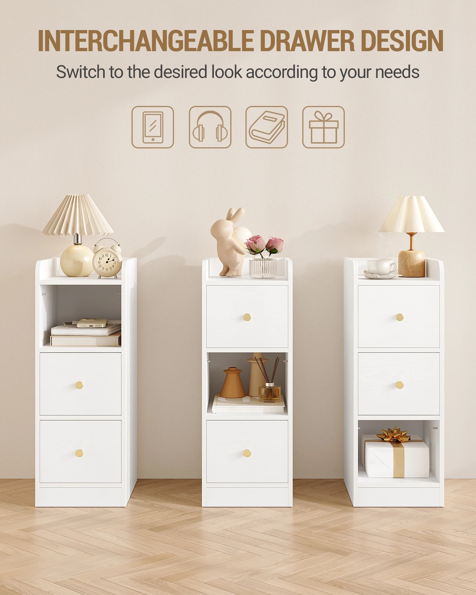 Slim Bedside Table, Narrow Side Table with 2 Drawers, Bedside Cabinet with Open Compartment, Adjustable Drawer Position