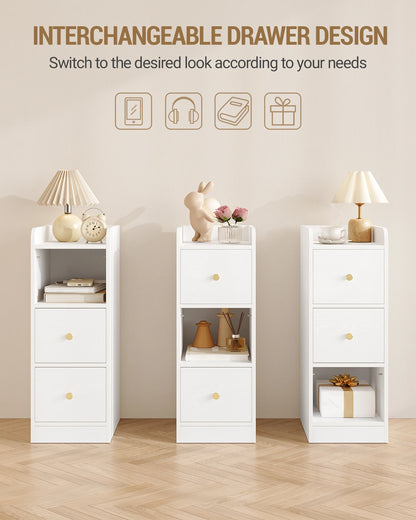 Slim Bedside Table, Narrow Side Table with 2 Drawers, Bedside Cabinet with Open Compartment, Adjustable Drawer Position