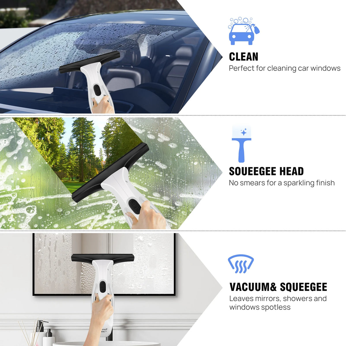 Window Squeegee, Rechargeable Cordless Window Vacuum 3500mAh, 2 in 1 Squeegee & Microfiber Window Scrubber for Windows, Mirror