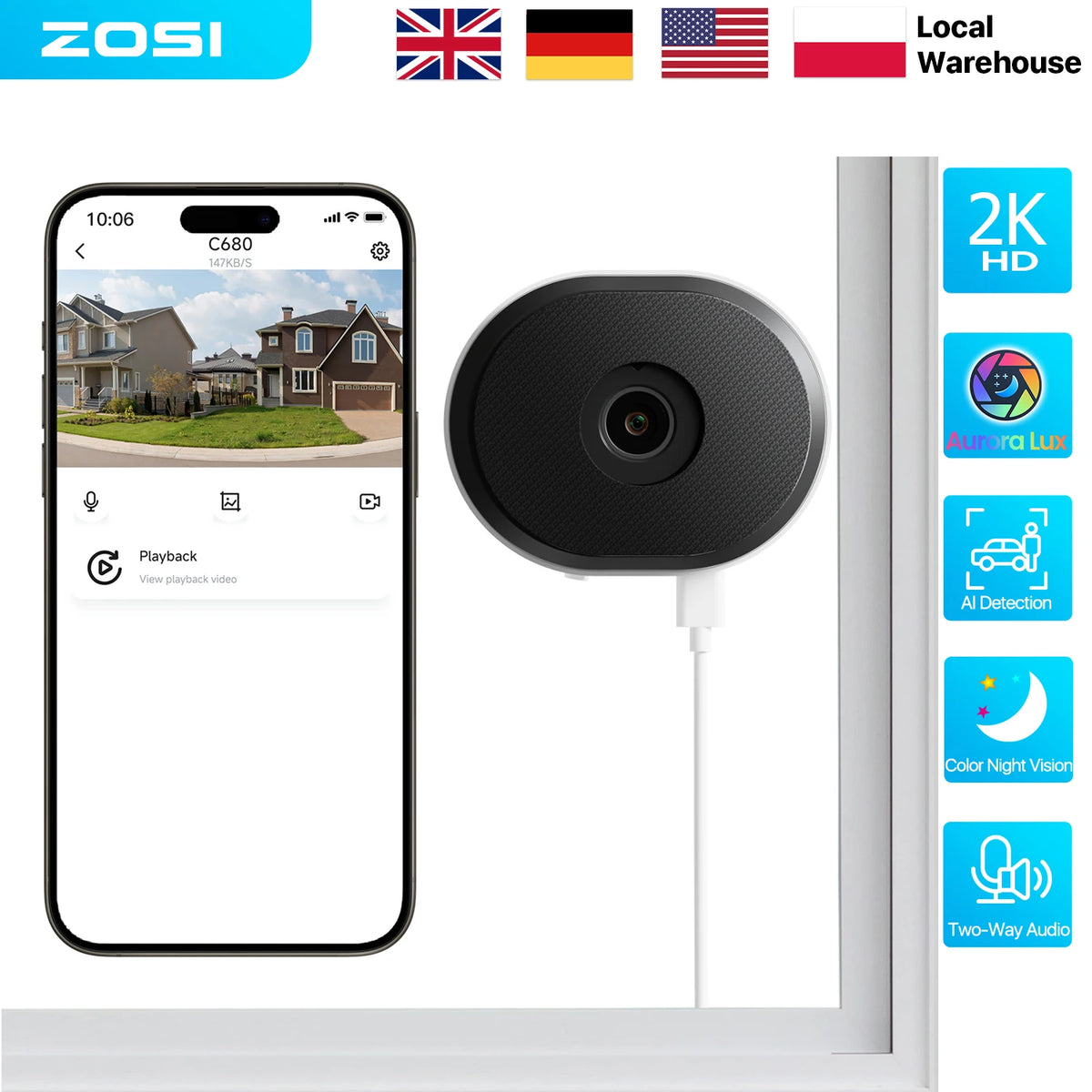 ZOSI C680 2K Window Security Camera Full Color Night Vision Easy Install 3MP Indoor Plug-in WiFi Home Office Surveillance Camera