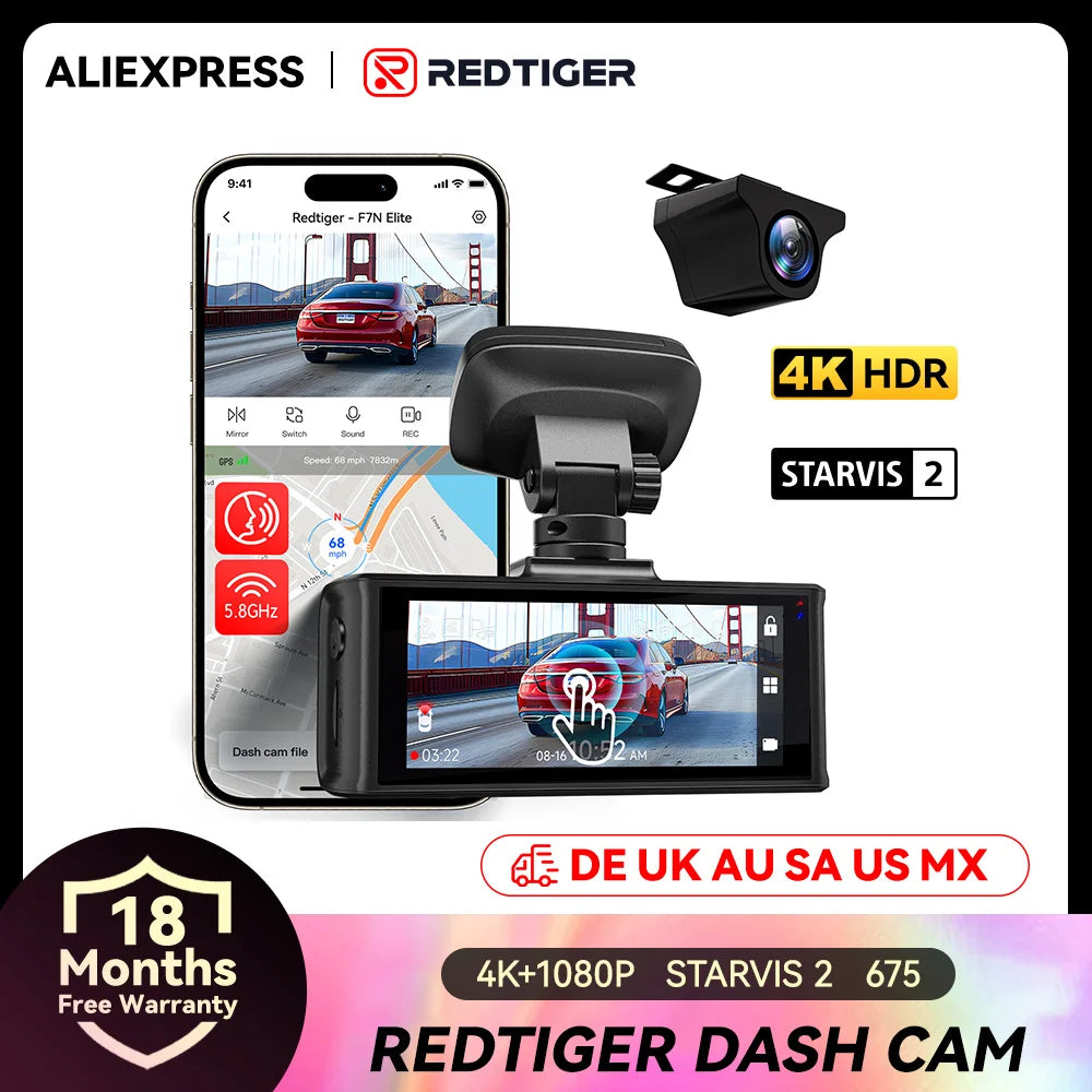 REDTIGER F7N ELITE 4K Dash Cam Front And Rear STARVIS 2 Sensor Built-in 5.8GHz WiFi GPS Car Camera WDR Dvr for 24H Parking Mode
