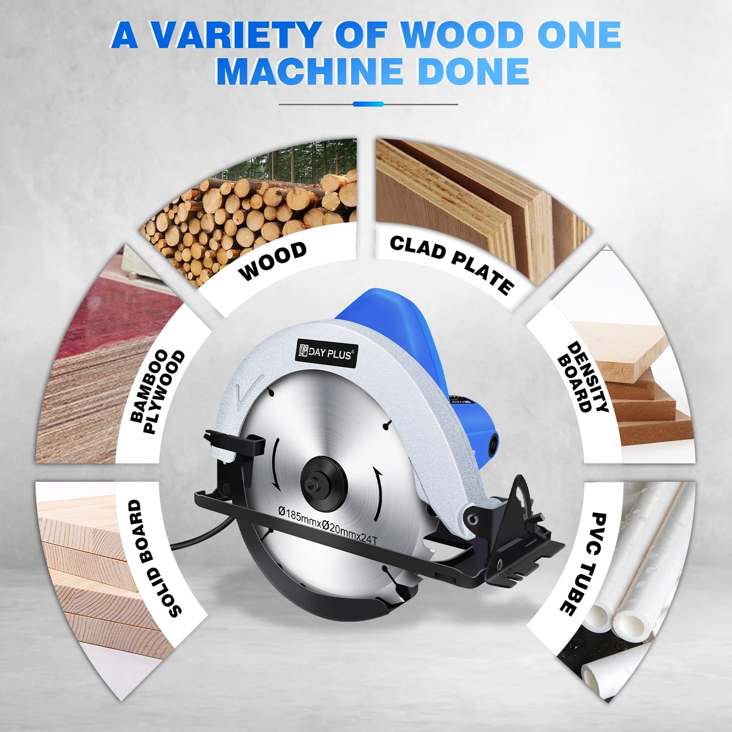 DayPlus Circular Saw, 1500W 5000RPM Electric Power Circular Saw with Laser Guide,0 to 45° Bevel Angle, 180mm Saw Blade,55mm