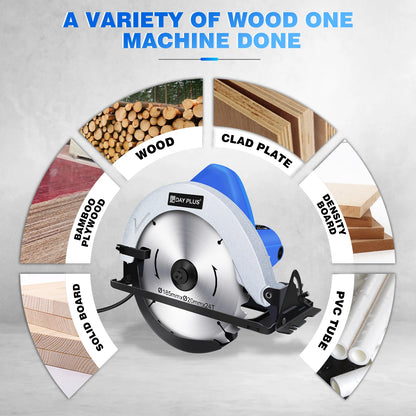 DayPlus Circular Saw, 1500W 5000RPM Electric Power Circular Saw with Laser Guide,0 to 45° Bevel Angle, 180mm Saw Blade,55mm
