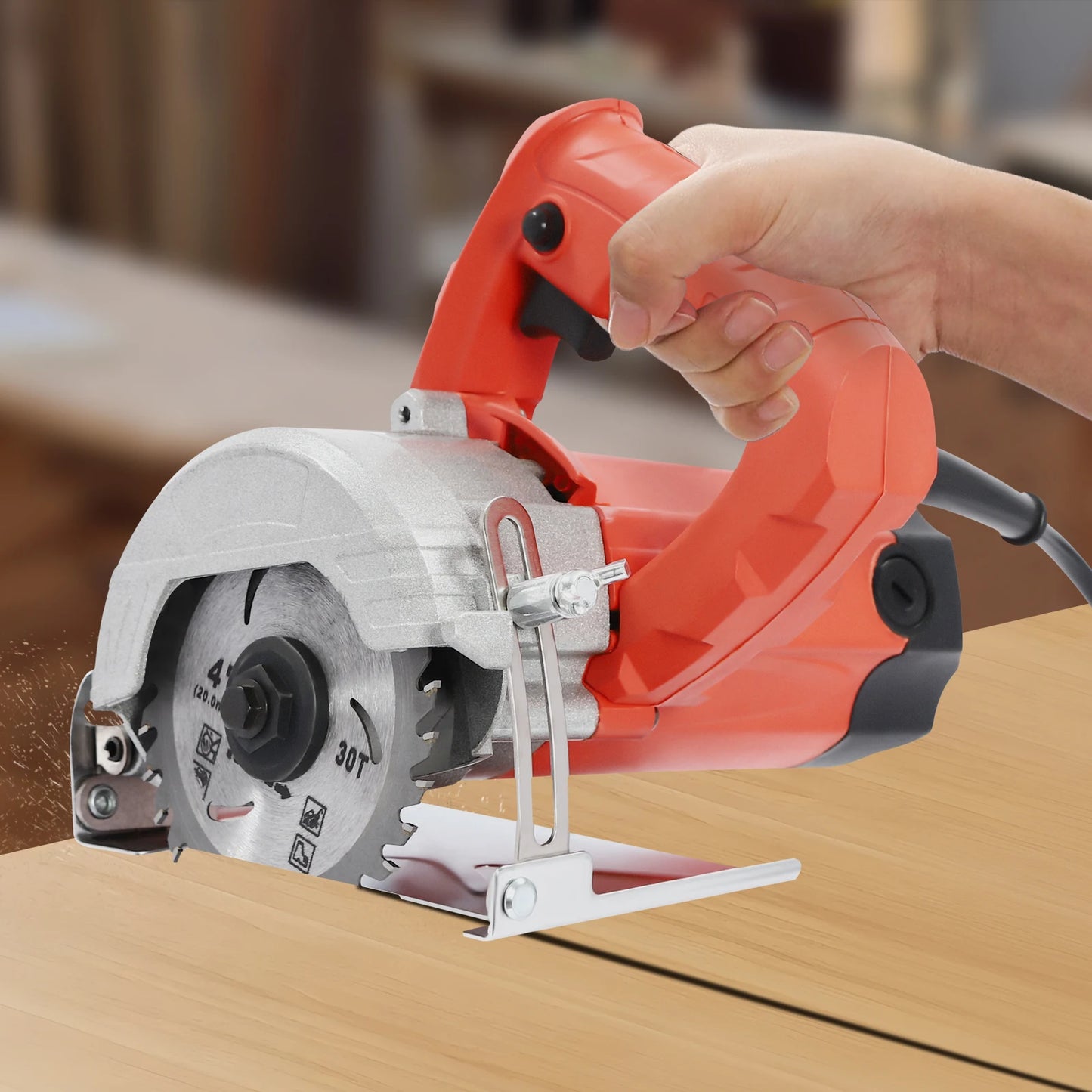 Modern Handheld Cutting Machine 1580W Red Corded Electric Saw 2 Blades 0-45° Bevel Angle for Cutting Stone and Wood