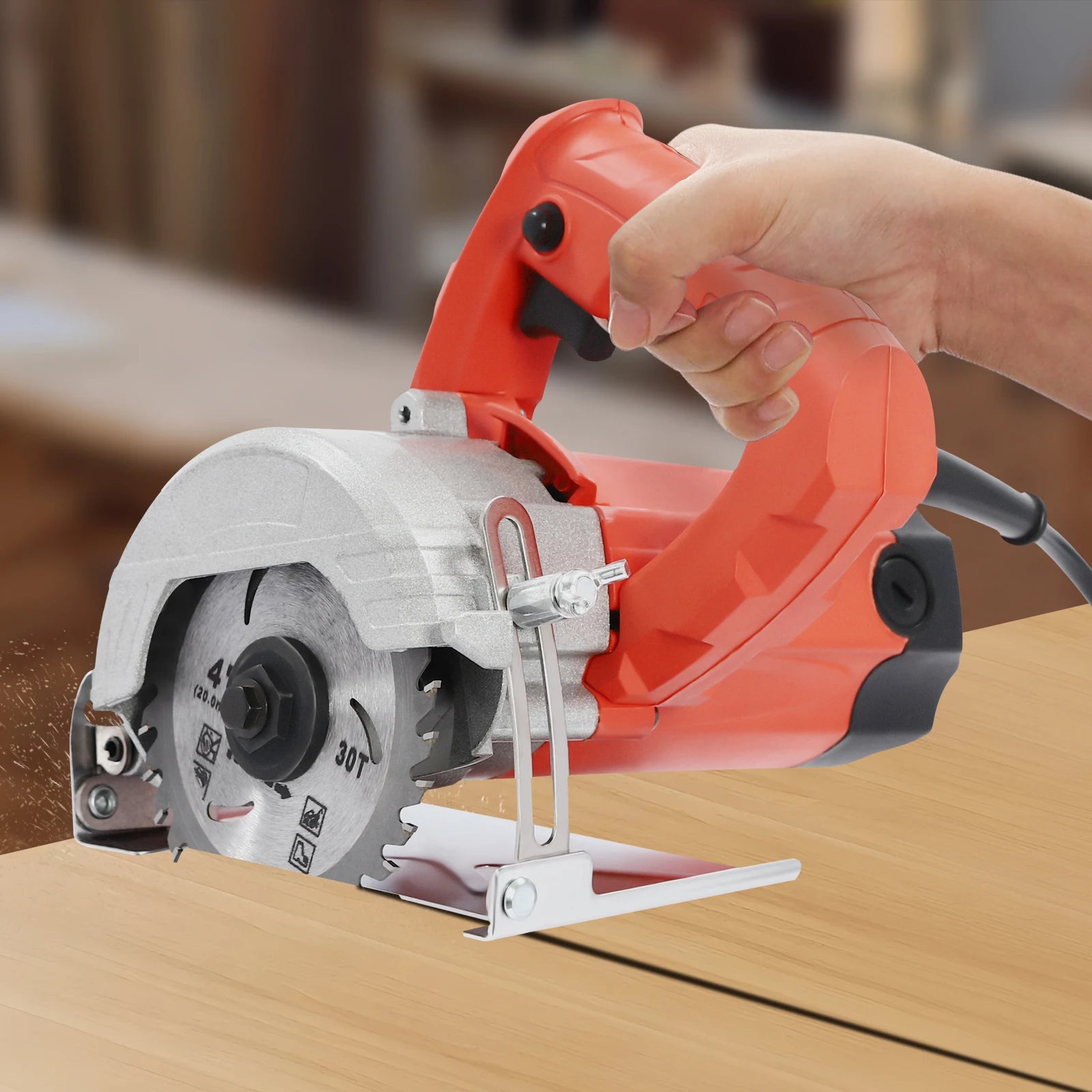 Modern Handheld Cutting Machine 1580W Red Corded Electric Saw 2 Blades 0-45° Bevel Angle for Cutting Stone and Wood