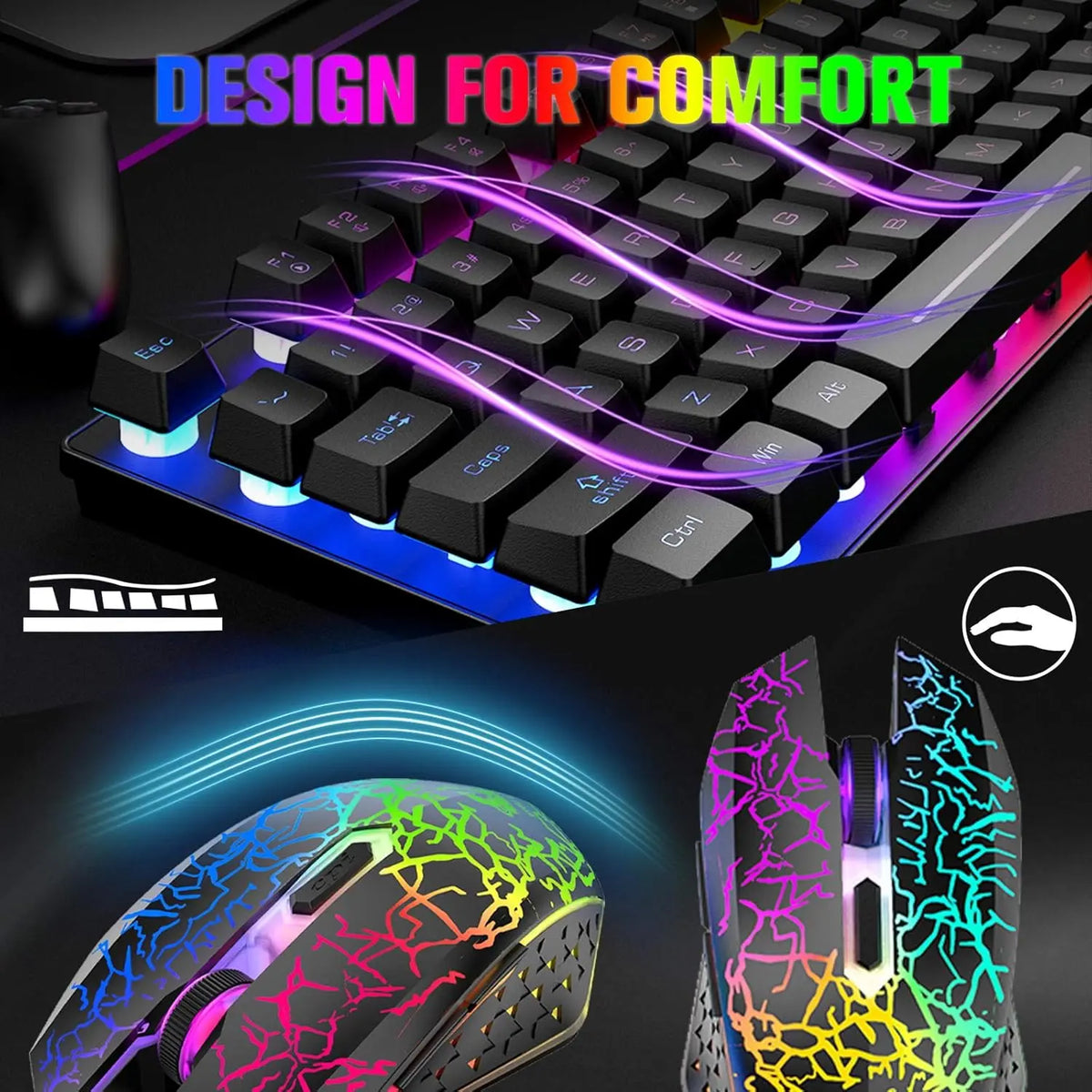 T87 Wireless Keyboard Mouse Set, Rainbow Backlit 2.4G Rechargeable Gaming Keyboard 2400DPI Optical Gaming Mouse with Mouse Pad
