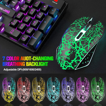 T87 Wireless Keyboard Mouse Set, Rainbow Backlit 2.4G Rechargeable Gaming Keyboard 2400DPI Optical Gaming Mouse with Mouse Pad