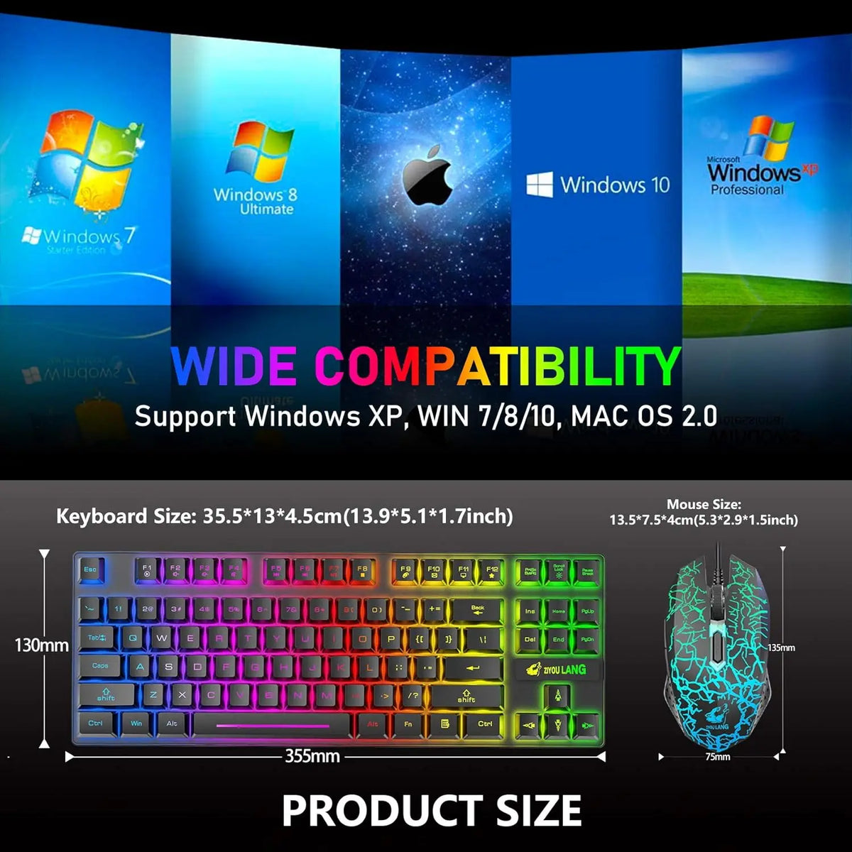 T87 Wireless Keyboard Mouse Set, Rainbow Backlit 2.4G Rechargeable Gaming Keyboard 2400DPI Optical Gaming Mouse with Mouse Pad