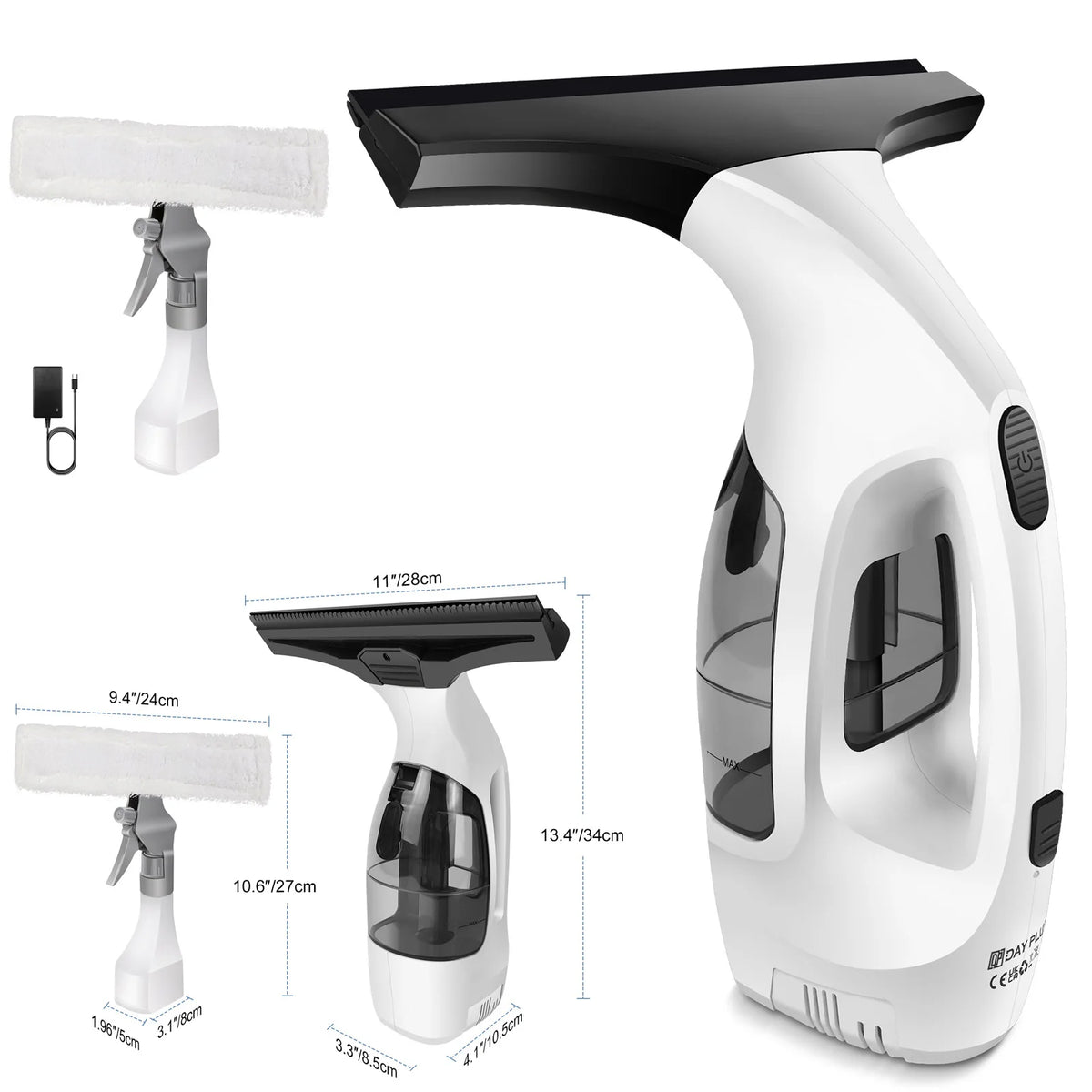 Window Squeegee, Rechargeable Cordless Window Vacuum 3500mAh, 2 in 1 Squeegee & Microfiber Window Scrubber for Windows, Mirror