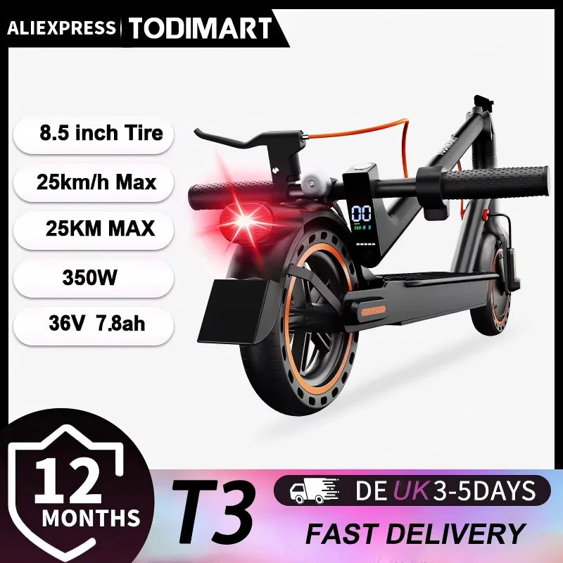 TODIMART T3 Foldable and Portable Electric Scooter with APP Control, 350W 36V 7.8Ah Motor, 25km/h Speed, 8.5" Tires