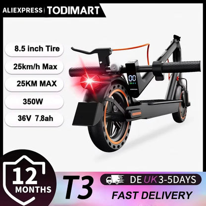 TODIMART T3 Foldable and Portable Electric Scooter with APP Control, 350W 36V 7.8Ah Motor, 25km/h Speed, 8.5" Tires