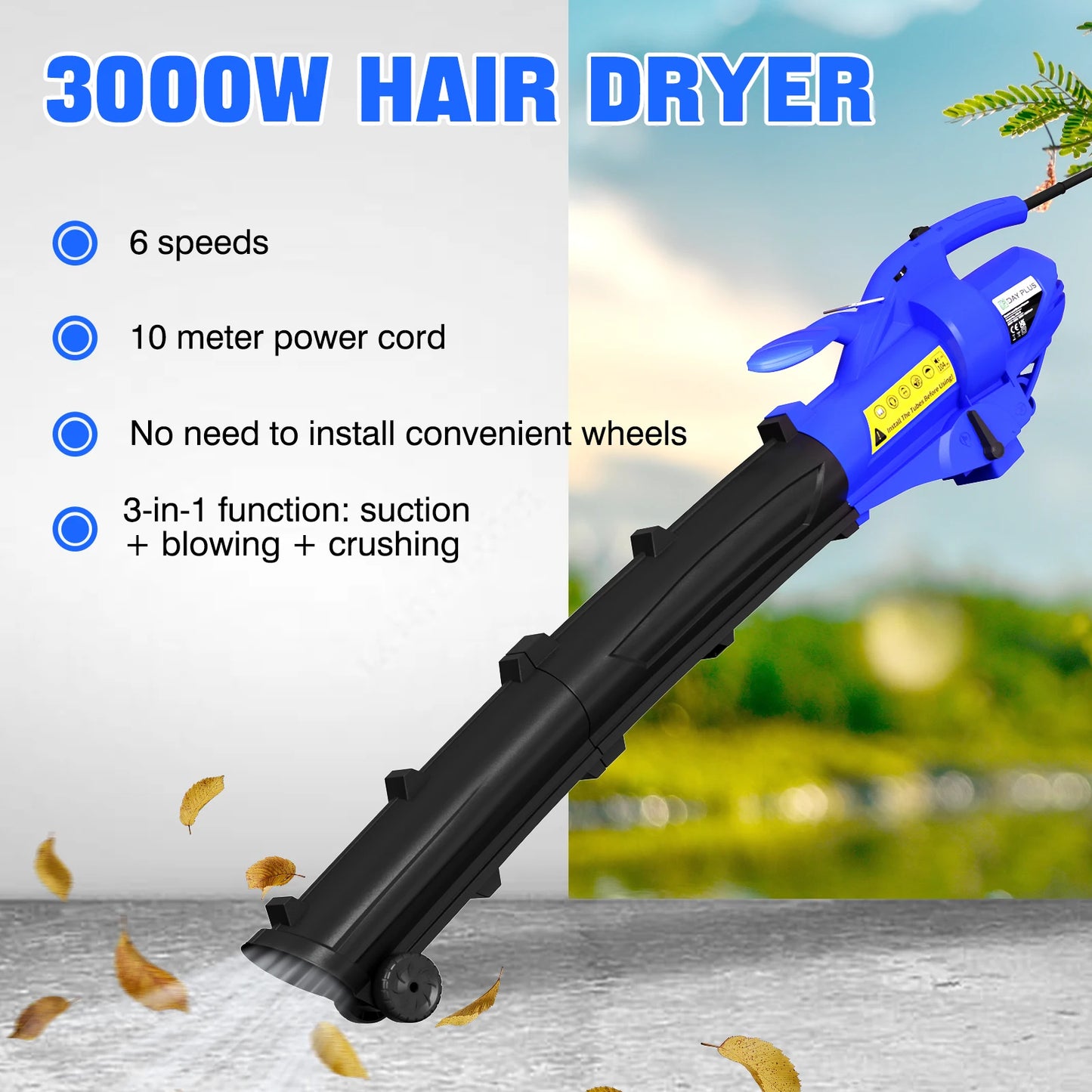 DayPlus Leaf Blower, 3 in 1 Garden Vacuum Leaf Shredder, Powerful Electric Garden Blower Household, 6 Variable Speed 35L Bag