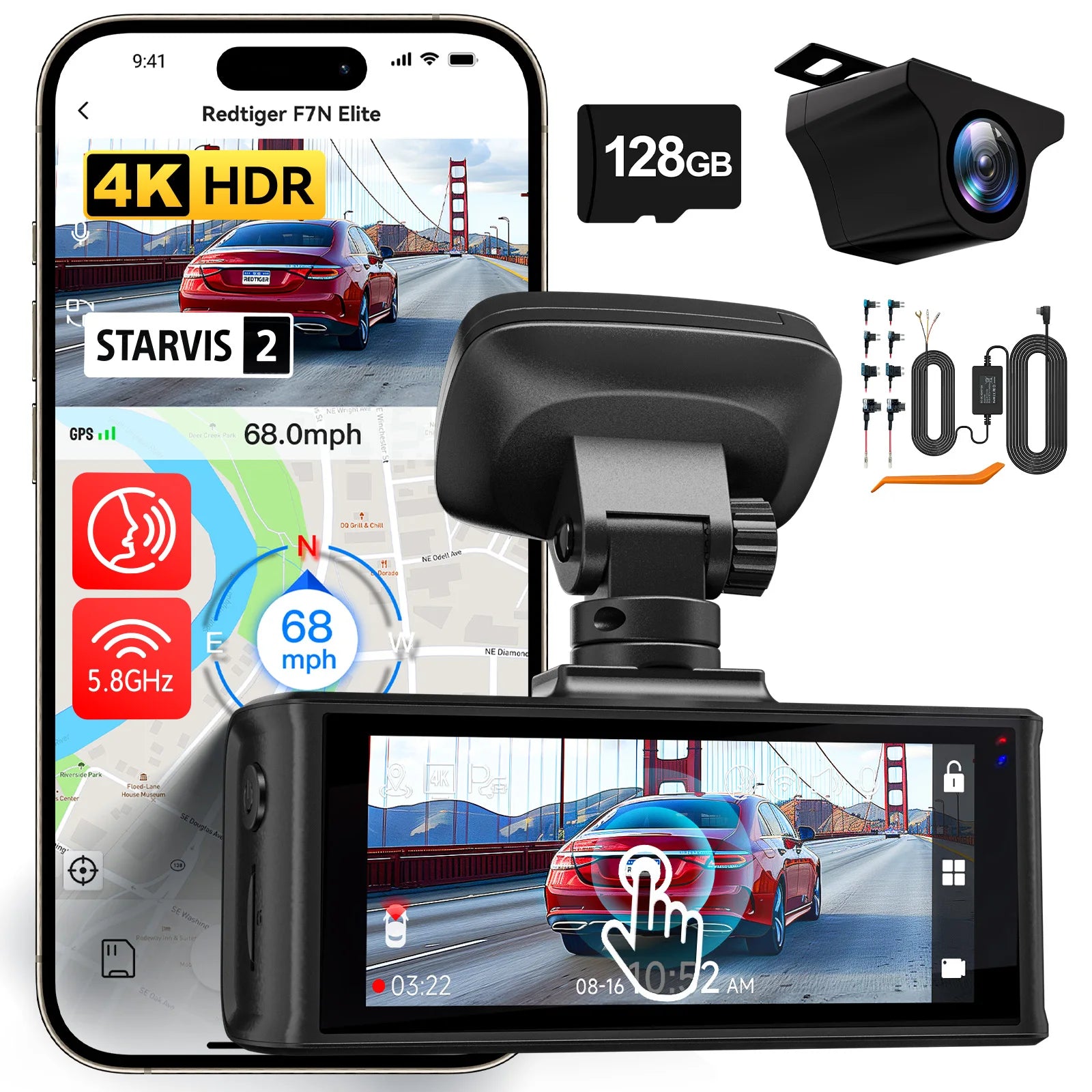 REDTIGER F7N ELITE 4K Dash Cam Front And Rear STARVIS 2 Sensor Built-in 5.8GHz WiFi GPS Car Camera WDR Dvr for 24H Parking Mode
