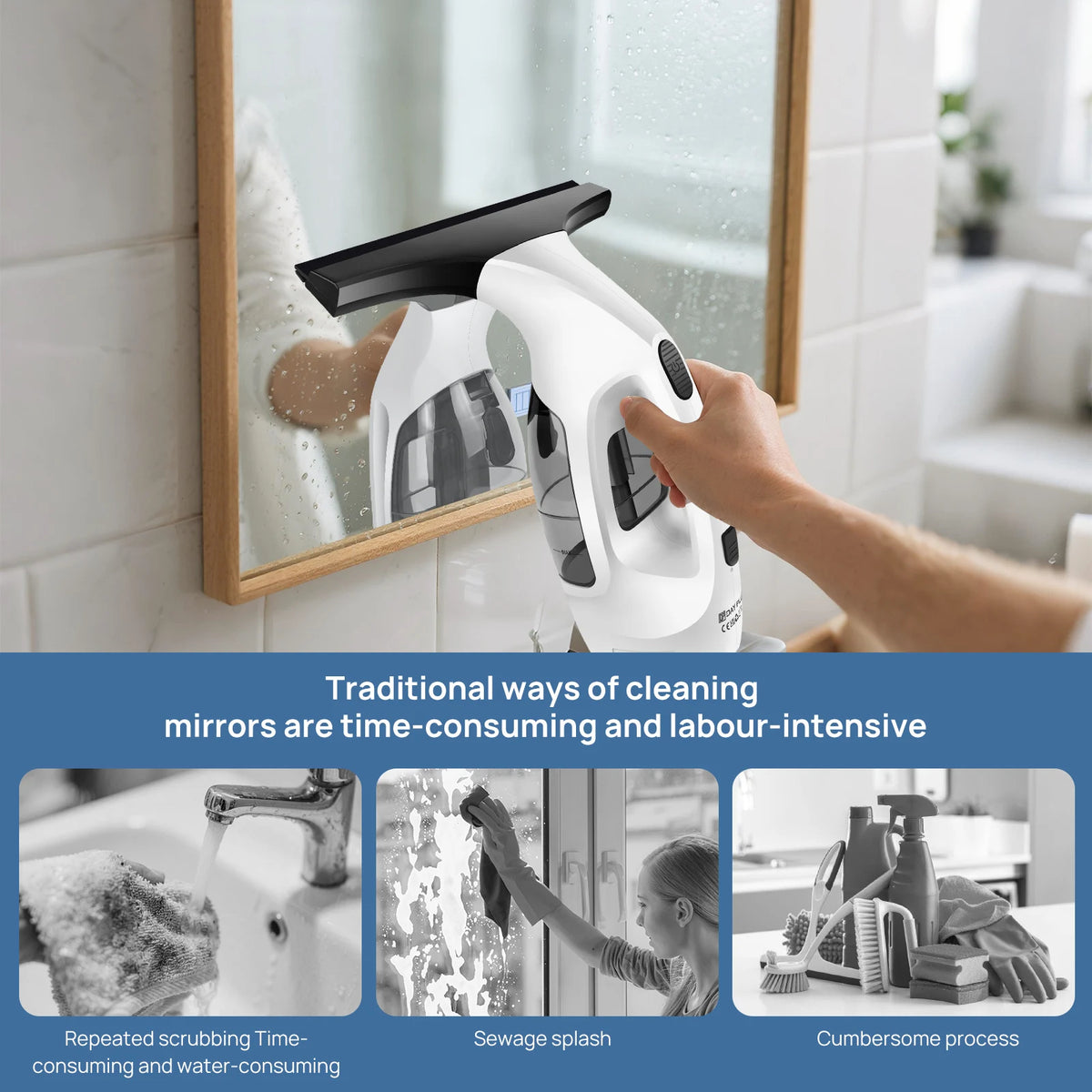 Window Squeegee, Rechargeable Cordless Window Vacuum 3500mAh, 2 in 1 Squeegee & Microfiber Window Scrubber for Windows, Mirror