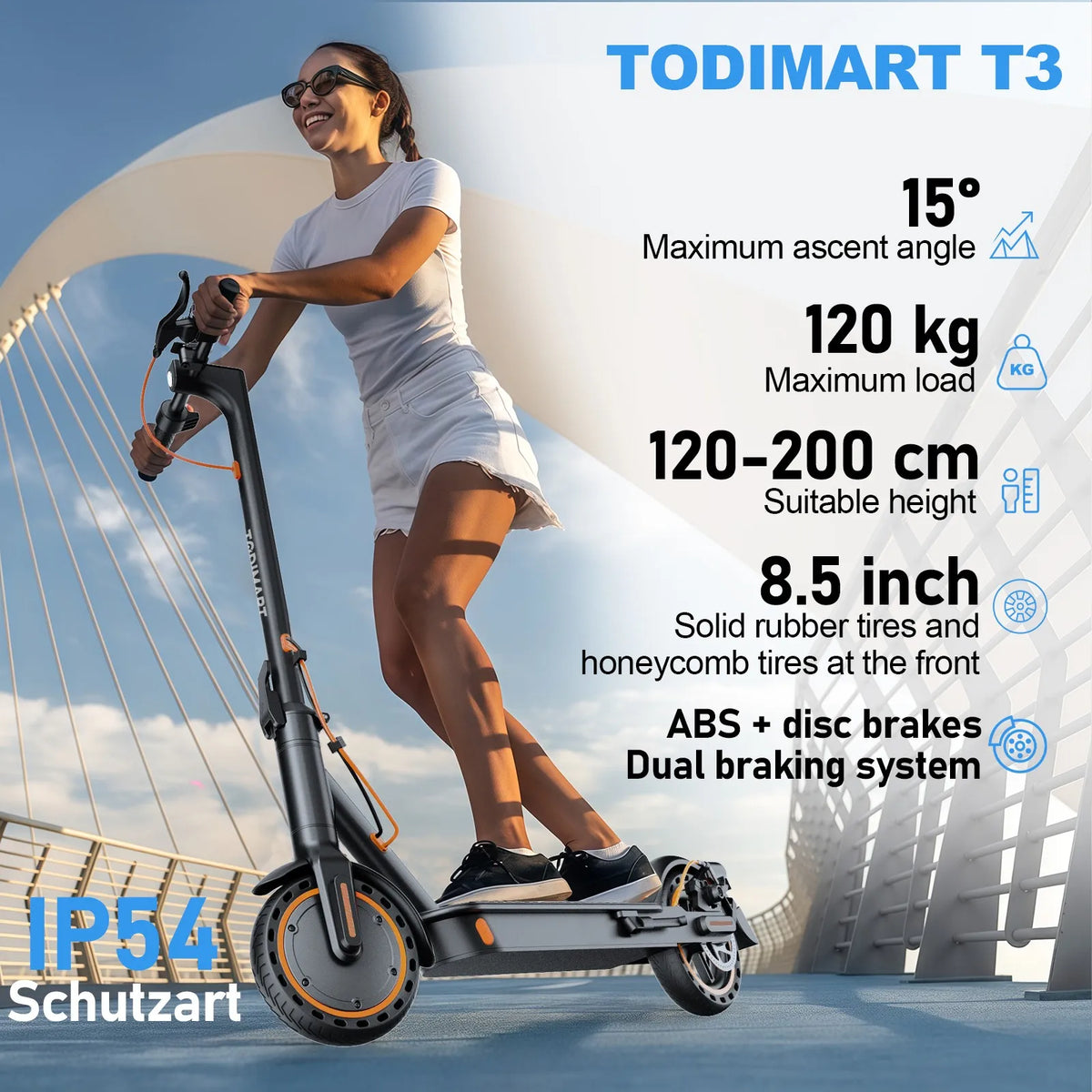 TODIMART T3 Foldable and Portable Electric Scooter with APP Control, 350W 36V 7.8Ah Motor, 25km/h Speed, 8.5" Tires