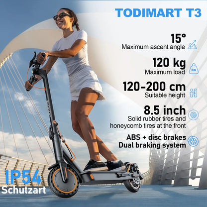 TODIMART T3 Foldable and Portable Electric Scooter with APP Control, 350W 36V 7.8Ah Motor, 25km/h Speed, 8.5" Tires
