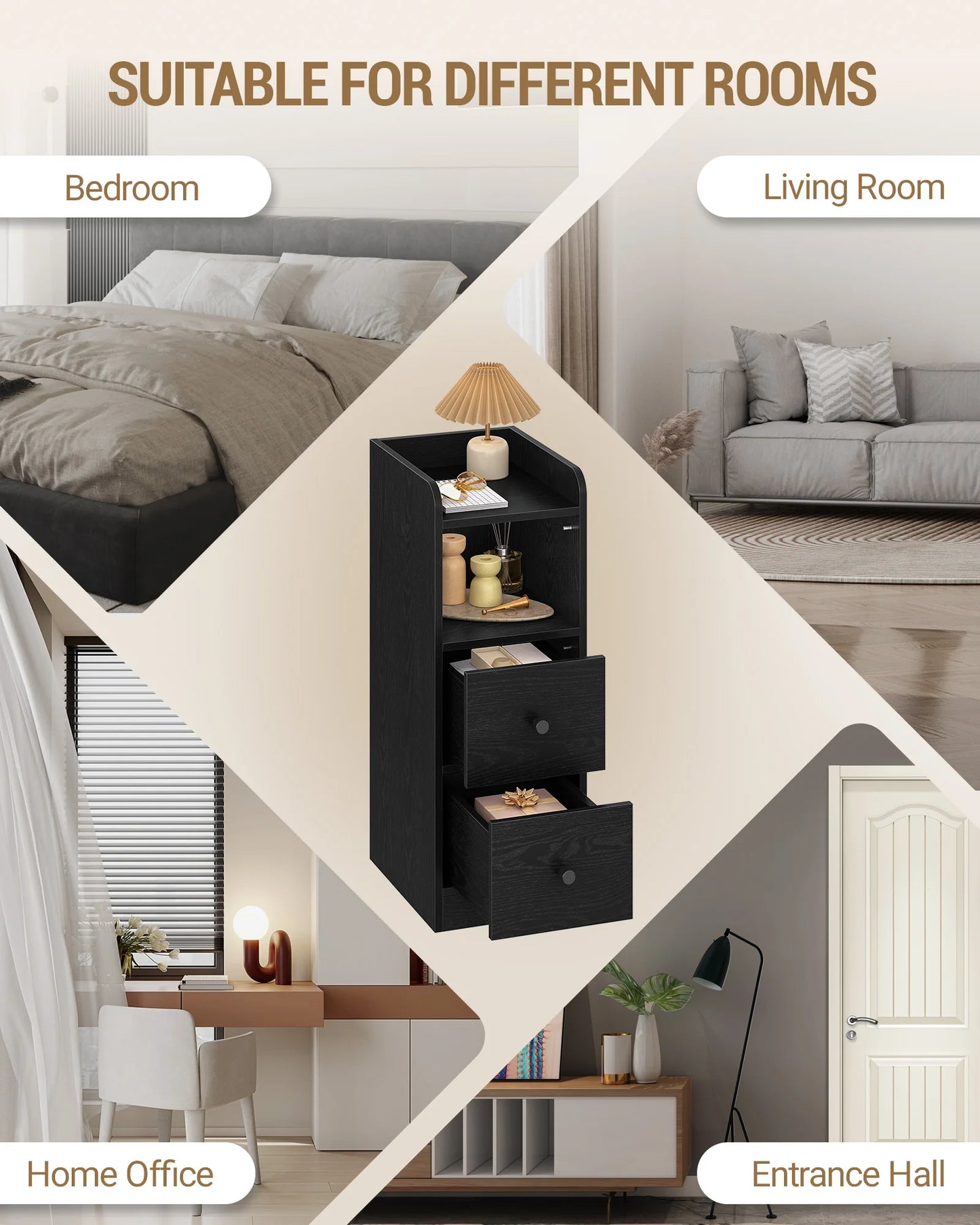 Slim Bedside Table, Narrow Side Table with 2 Drawers, Bedside Cabinet with Open Compartment, Adjustable Drawer Position