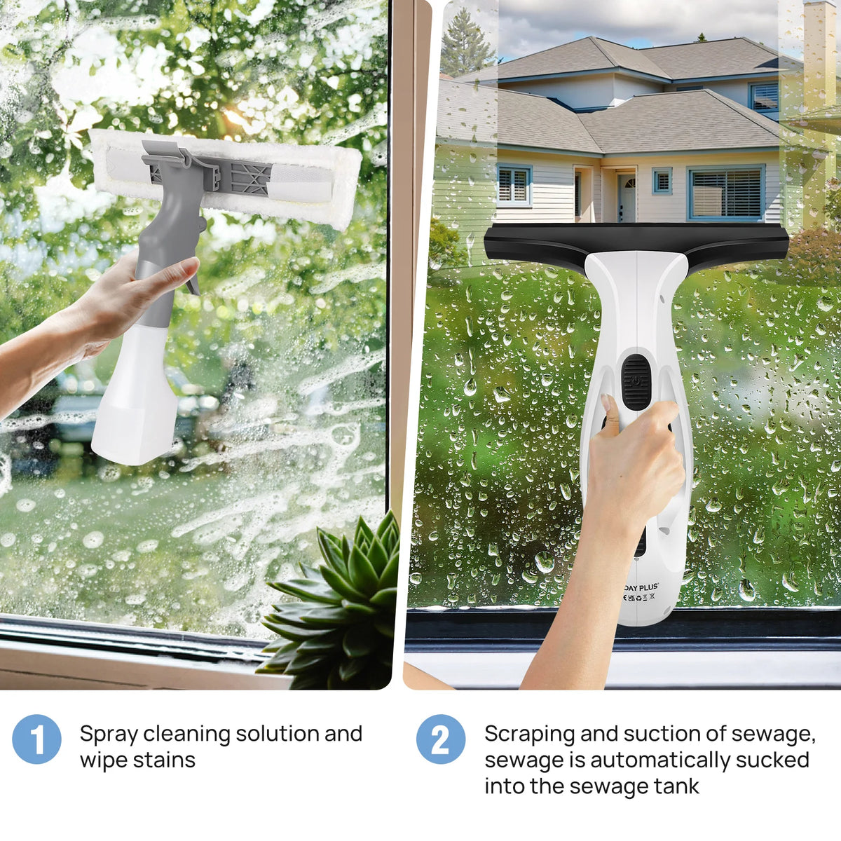 Window Squeegee, Rechargeable Cordless Window Vacuum 3500mAh, 2 in 1 Squeegee & Microfiber Window Scrubber for Windows, Mirror
